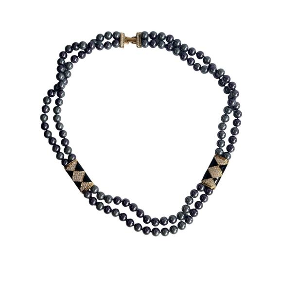 Vintage Y2K Black Pearl & Rhinestone Double Strand Necklace - Picture 1 of 6